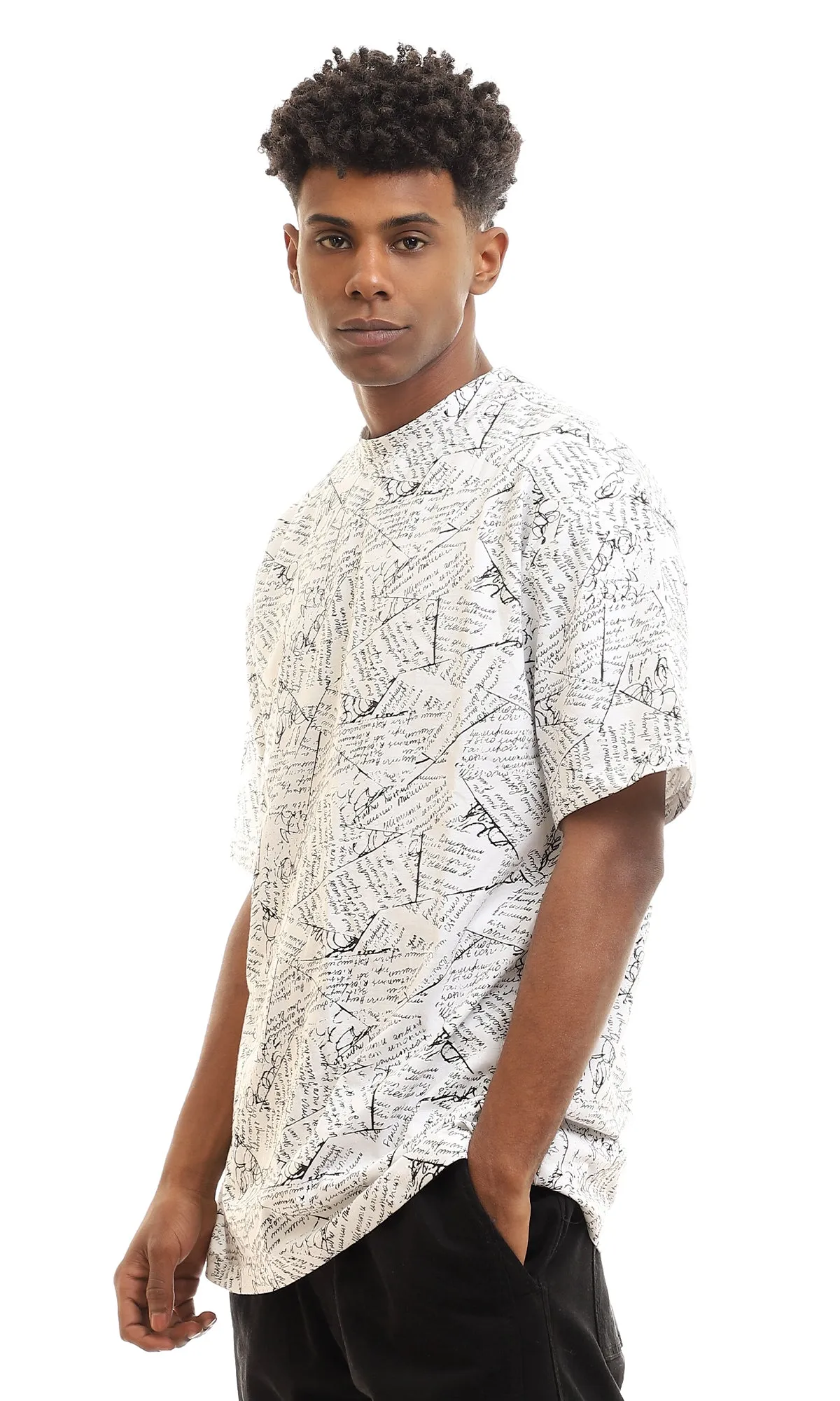 97163 Patterned Cotton Half Sleeves T-Shirt - White & Black