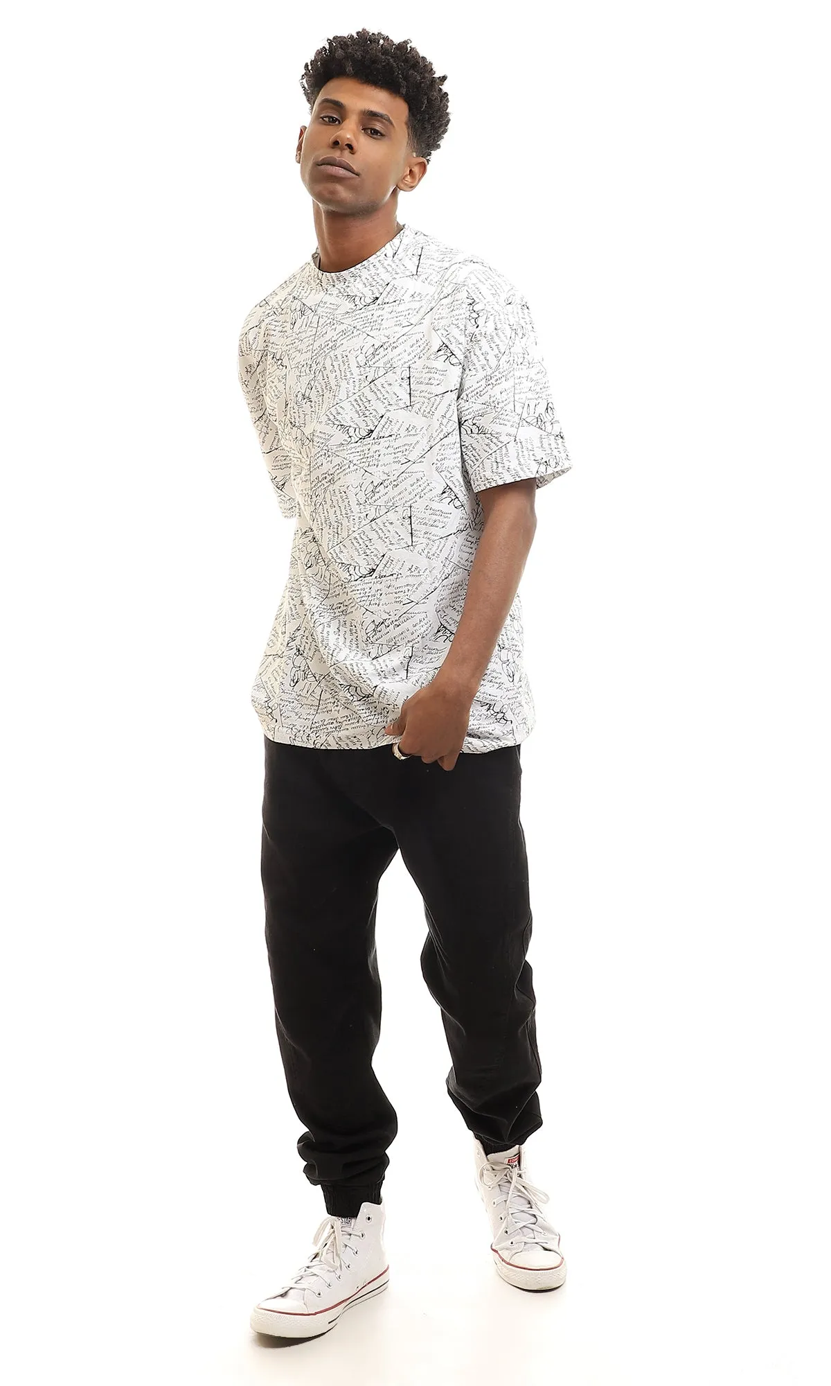 97163 Patterned Cotton Half Sleeves T-Shirt - White & Black