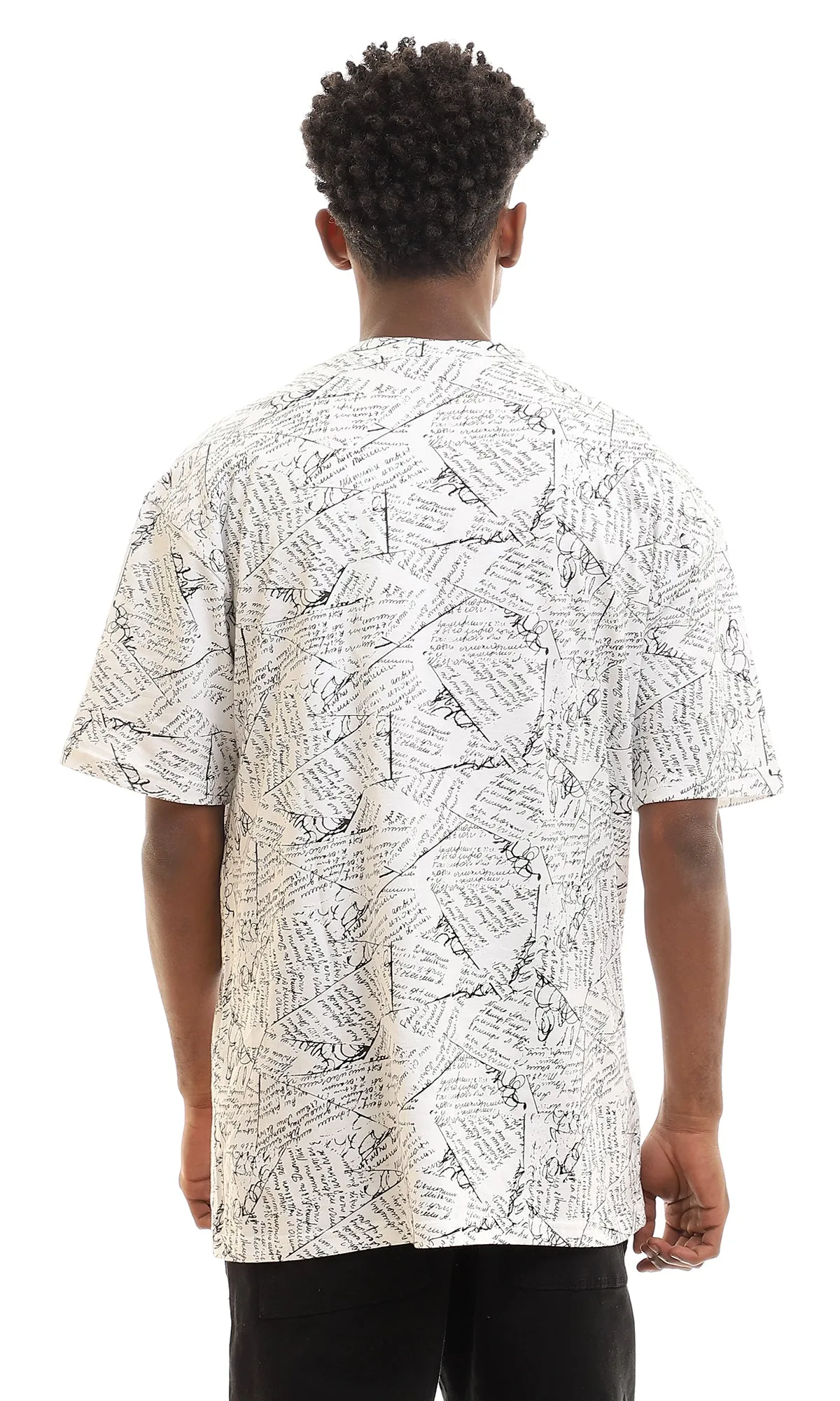 97163 Patterned Cotton Half Sleeves T-Shirt - White & Black
