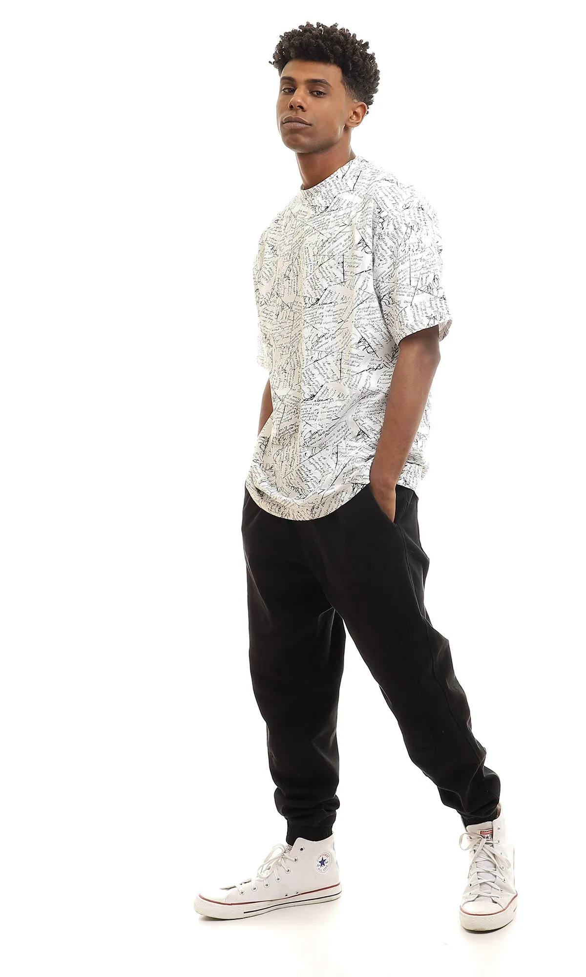 97163 Patterned Cotton Half Sleeves T-Shirt - White & Black