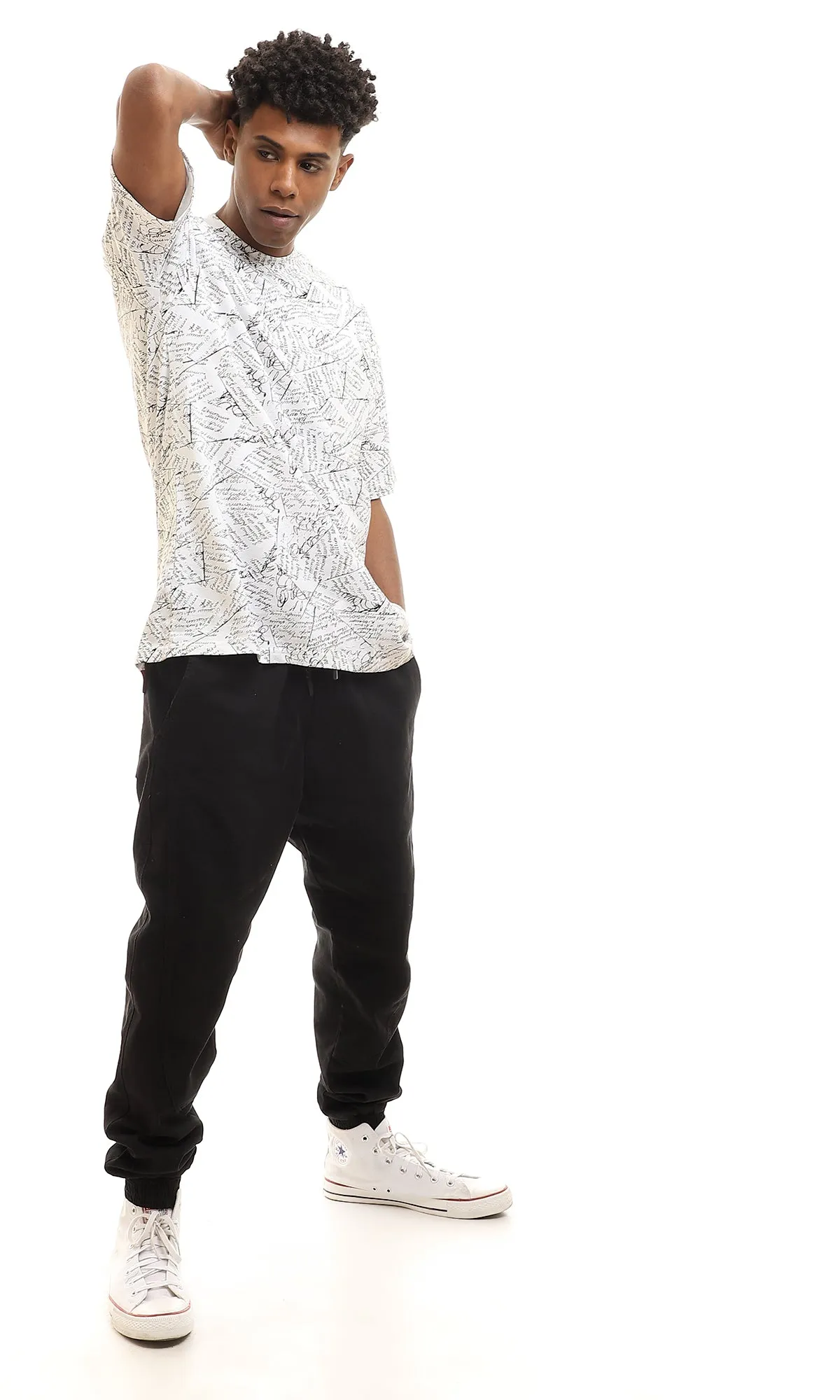 97163 Patterned Cotton Half Sleeves T-Shirt - White & Black
