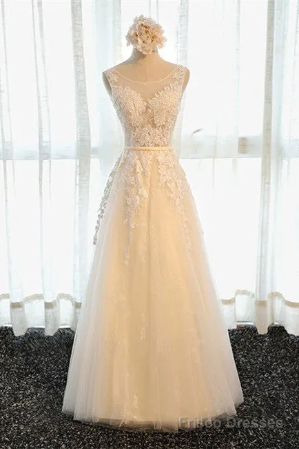 A Line Round Neck Sleeveless Lace Grey/Pink/Champagne Prom Dresses, Lace Formal Dresses, Evening Dresses