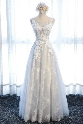 A Line Round Neck Sleeveless Lace Grey/Pink/Champagne Prom Dresses, Lace Formal Dresses, Evening Dresses