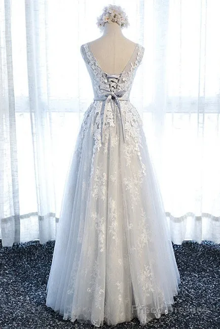 A Line Round Neck Sleeveless Lace Grey/Pink/Champagne Prom Dresses, Lace Formal Dresses, Evening Dresses
