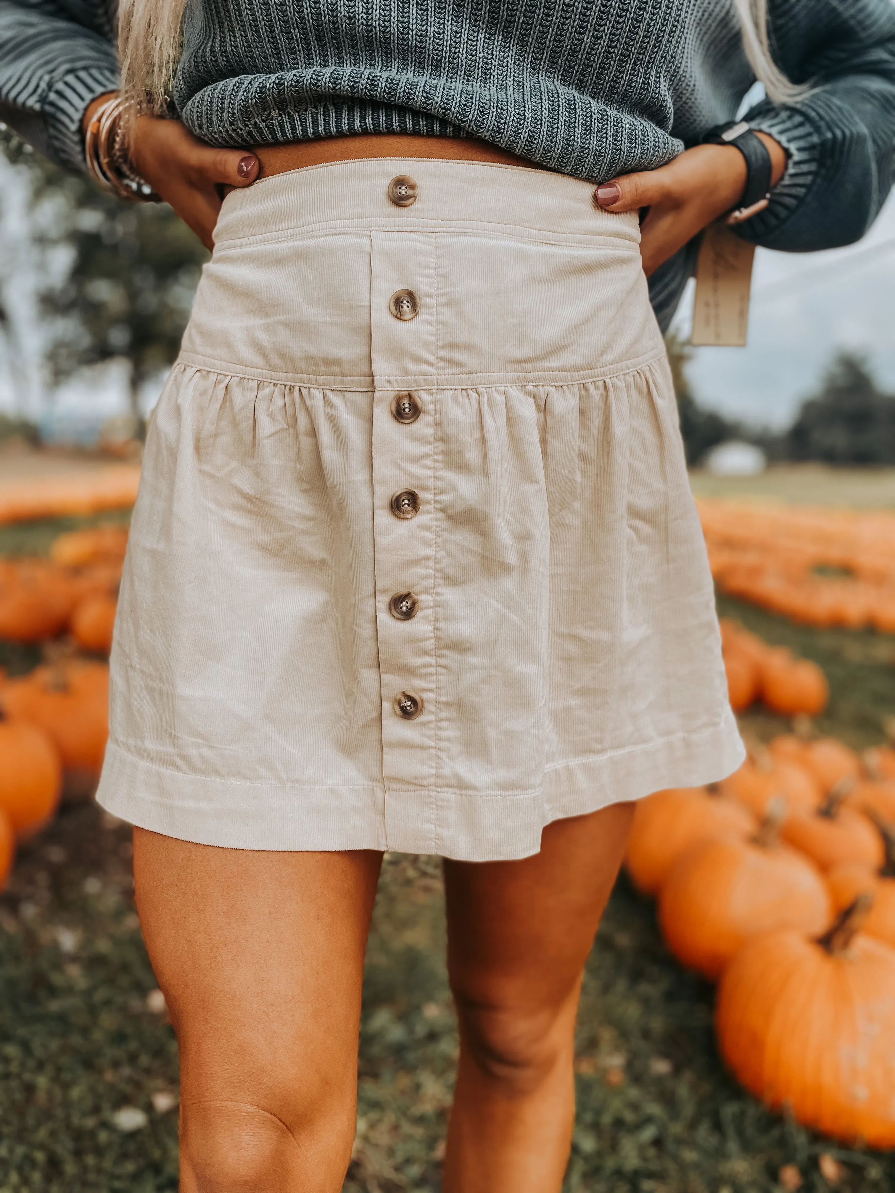 Beige Corduroy Button Up Mini Skirt