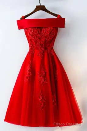 Cute A Line Off Shoulder Short Red Lace Prom Dresses, Short Red Bridesmaid Dresses, Graduation Dresses