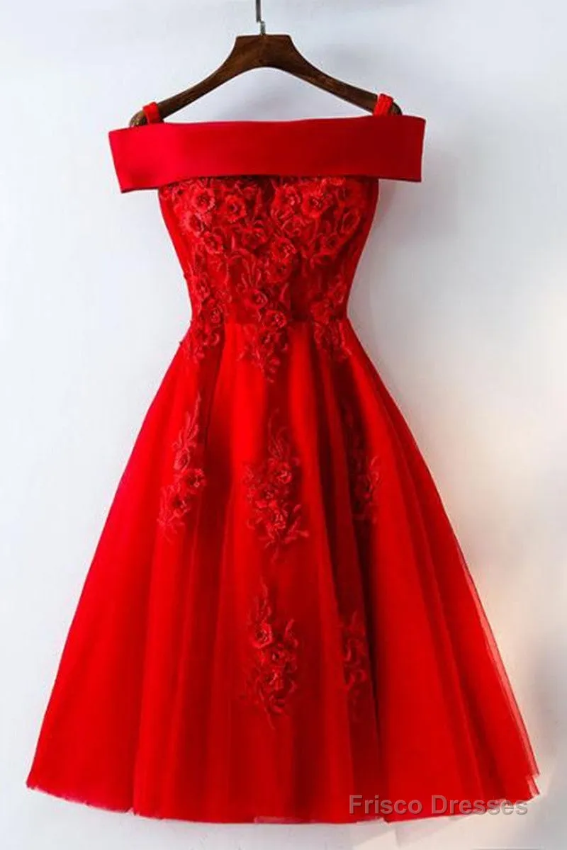 Cute A Line Off Shoulder Short Red Lace Prom Dresses, Short Red Bridesmaid Dresses, Graduation Dresses