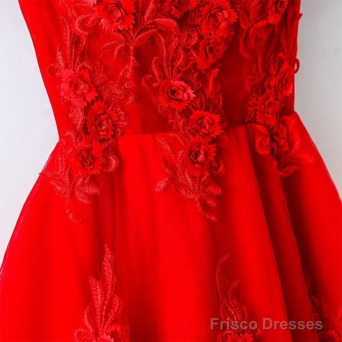 Cute A Line Off Shoulder Short Red Lace Prom Dresses, Short Red Bridesmaid Dresses, Graduation Dresses