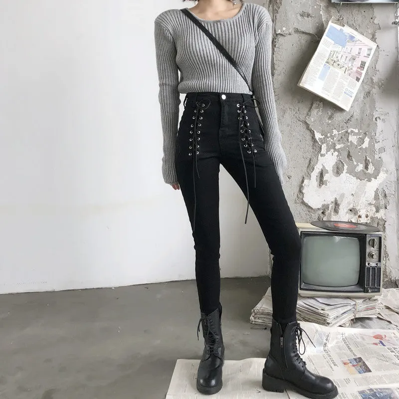 'Draco' Black Alt Lace Up Zip Ankle Pants