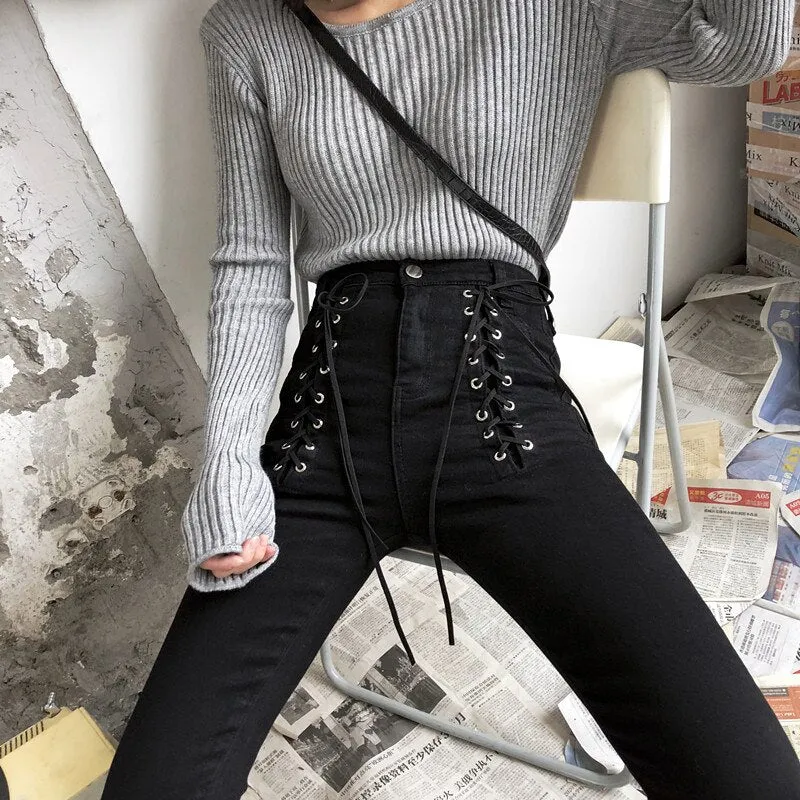 'Draco' Black Alt Lace Up Zip Ankle Pants