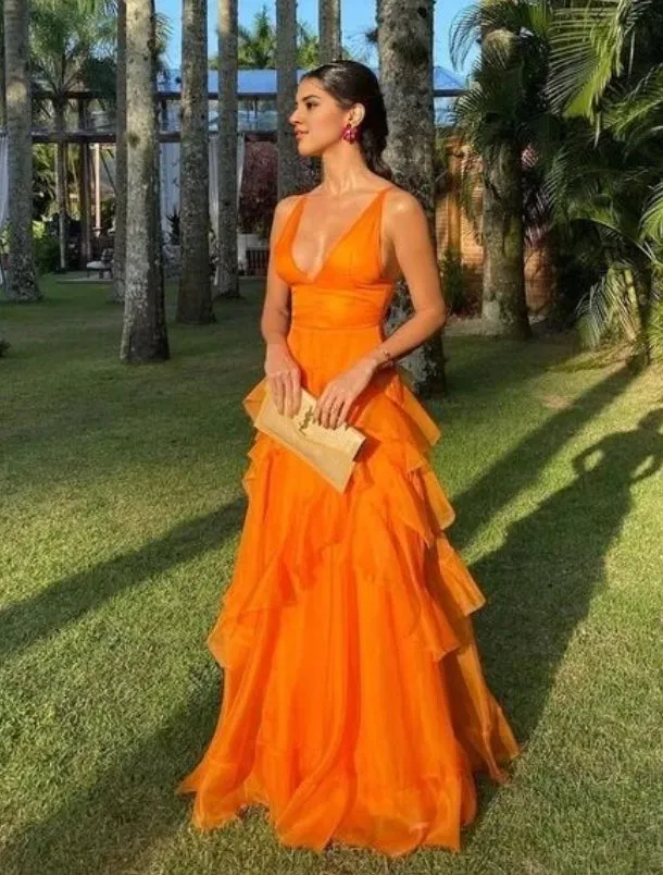 Elegant Gowns Evening Dresses Ruffles Orange Long Prom Dresses V Neck Wedding Guest Dress Prom Dresses Stores