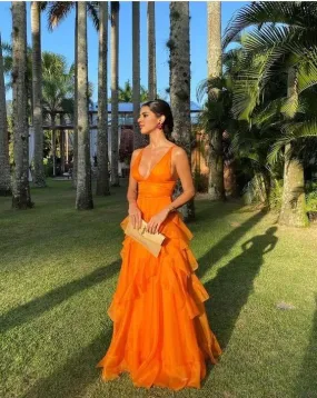 Elegant Gowns Evening Dresses Ruffles Orange Long Prom Dresses V Neck Wedding Guest Dress Prom Dresses Stores