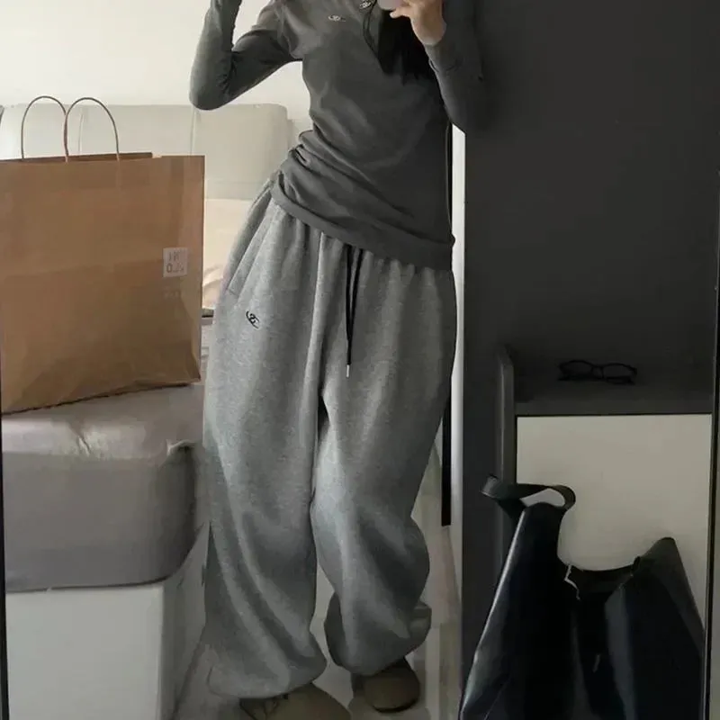 Getadme Fleeced Women's Sweatpants Winter Black Oversized Korean Brushed Pants Harajuku Fashion Kpop Vintage Trousers Casual