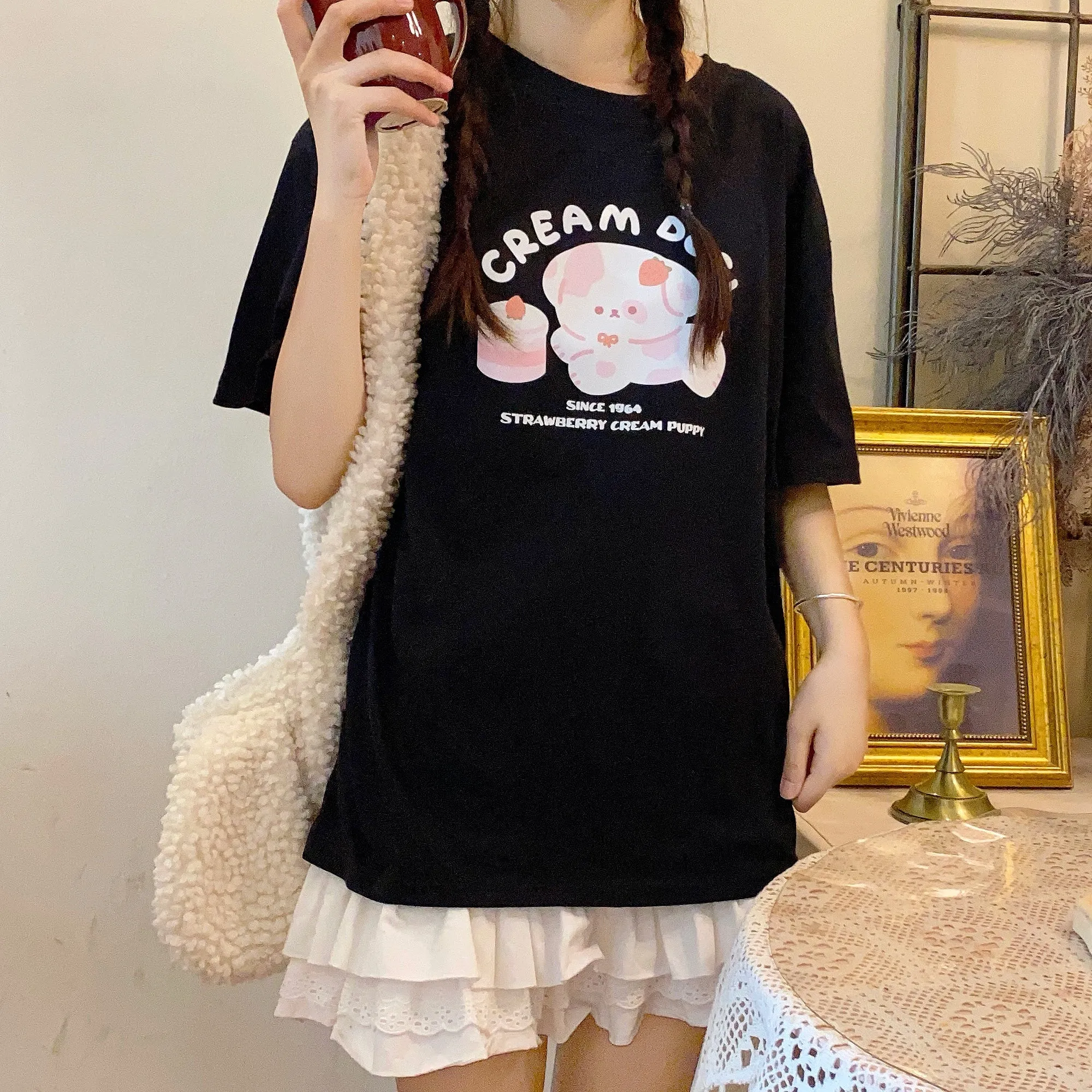 Japanese Soft Girl Style Cartoon Puppy Print Pink T-shirt