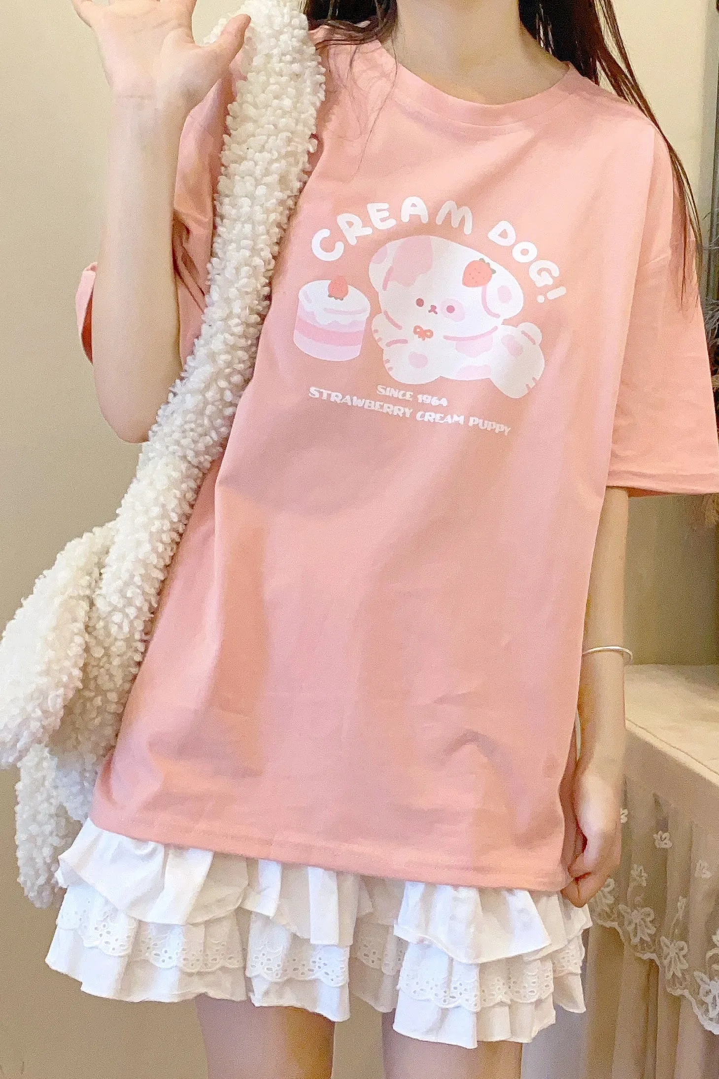 Japanese Soft Girl Style Cartoon Puppy Print Pink T-shirt