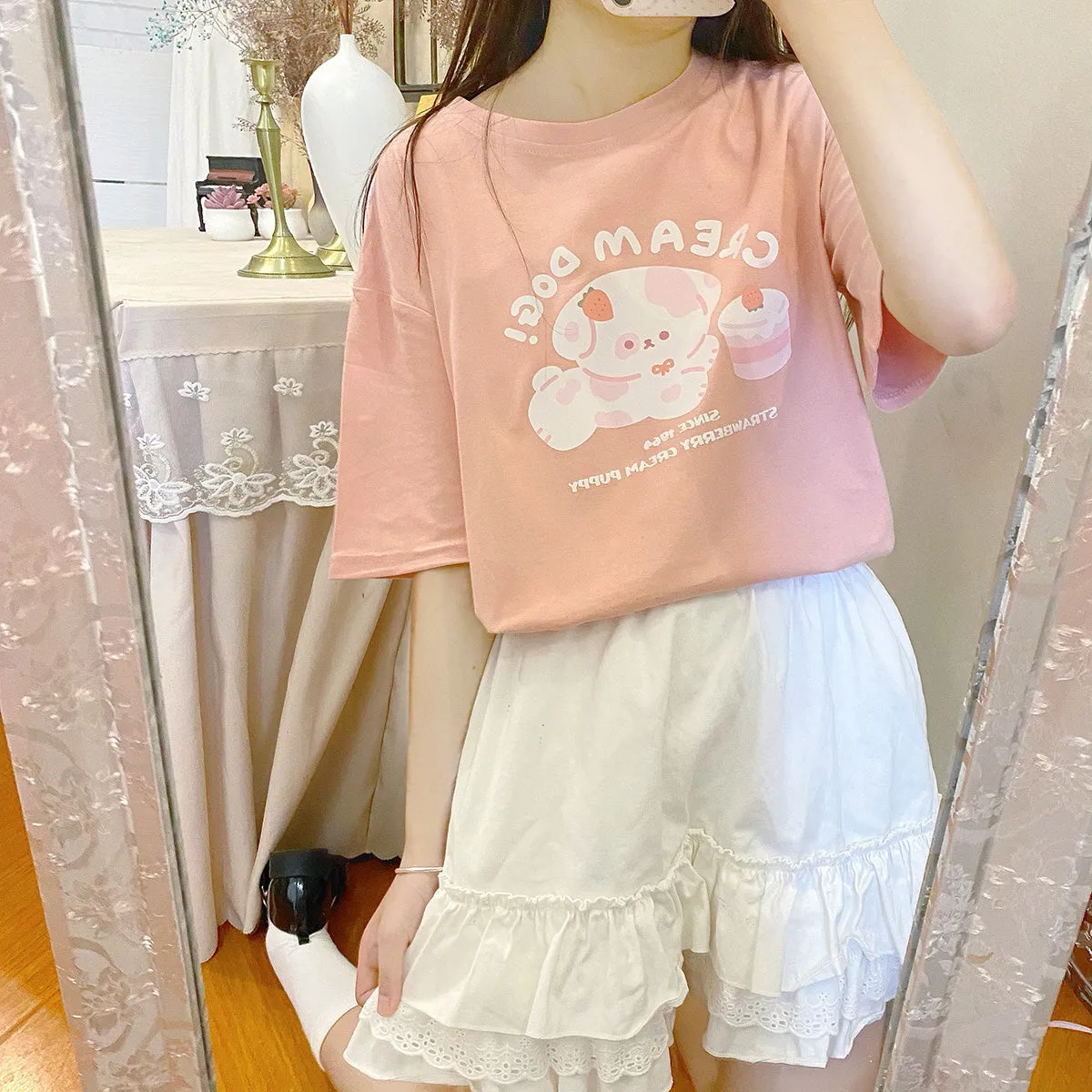 Japanese Soft Girl Style Cartoon Puppy Print Pink T-shirt