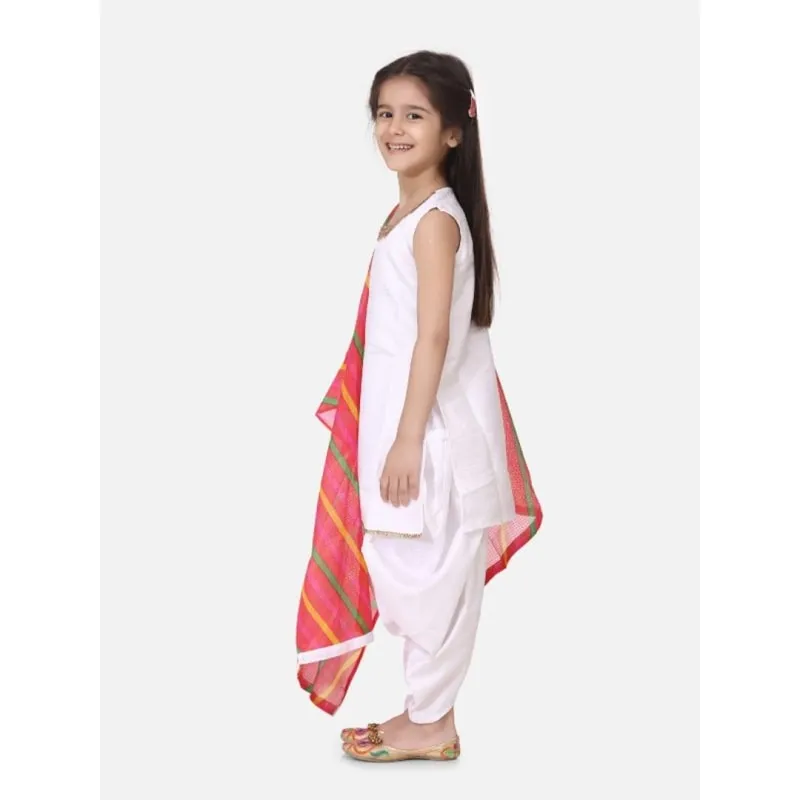 Silk Kurti Dhoti With Leheriya Dupatta For Girls