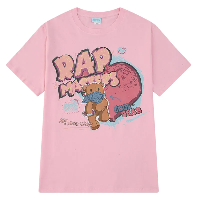 Summer Pink Bear Print Round Neck T-shirt