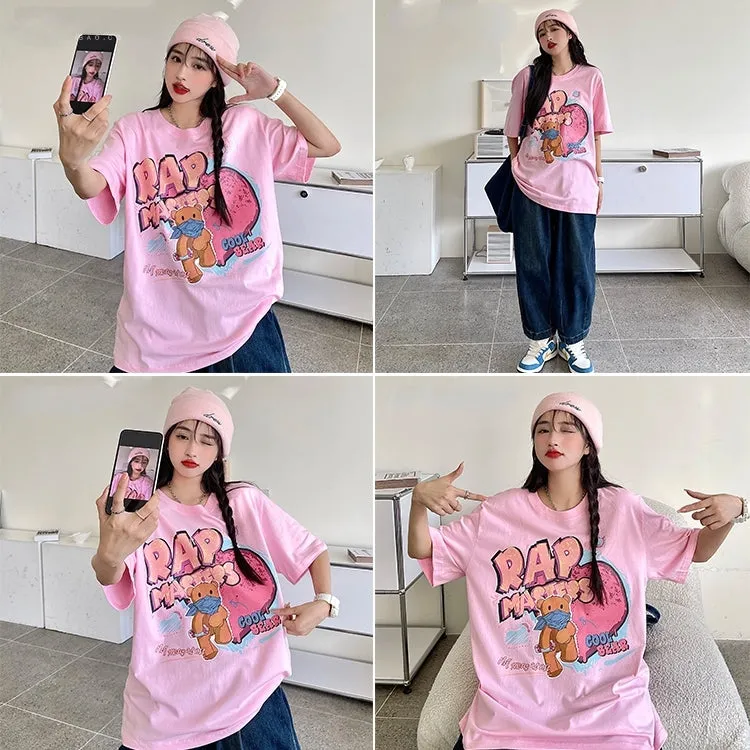 Summer Pink Bear Print Round Neck T-shirt
