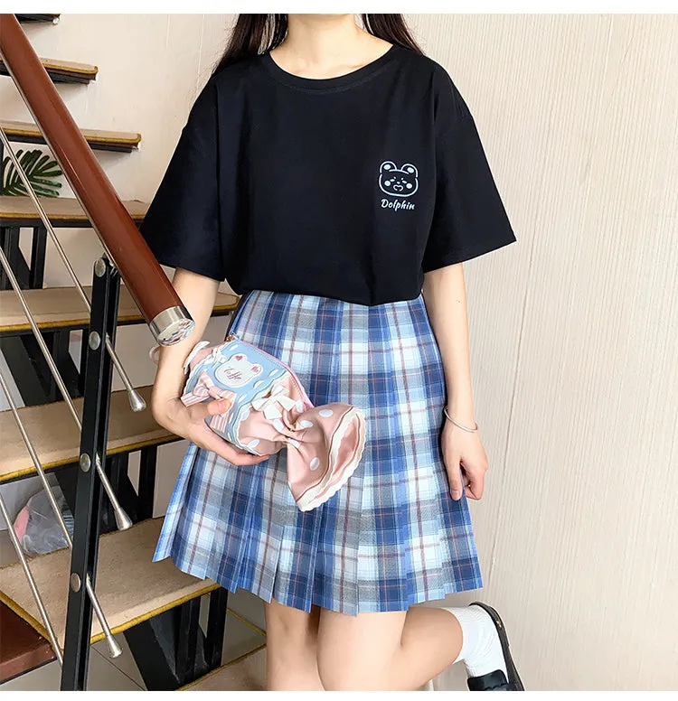 Summer Soft Girl Style Black Simple Bear Print T-shirt
