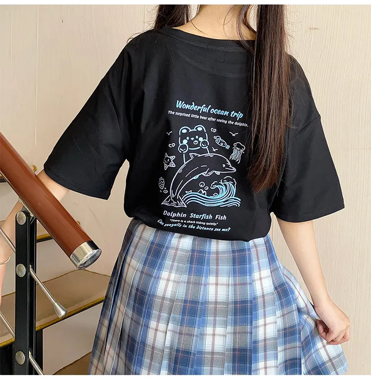 Summer Soft Girl Style Black Simple Bear Print T-shirt