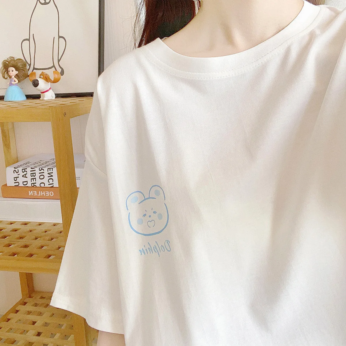 Summer Soft Girl Style Black Simple Bear Print T-shirt