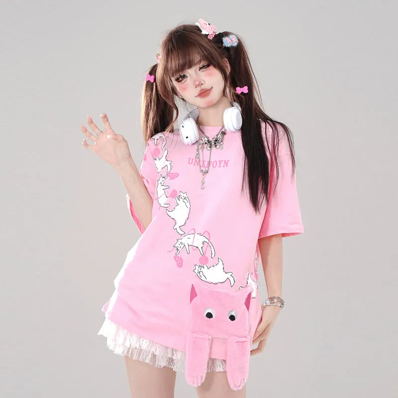 Summer Sweet Cool Girl Style Cartoon Cat Print T-shirt