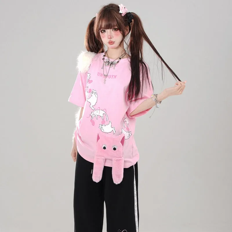 Summer Sweet Cool Girl Style Cartoon Cat Print T-shirt