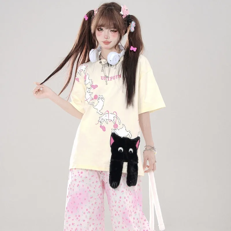 Summer Sweet Cool Girl Style Cartoon Cat Print T-shirt