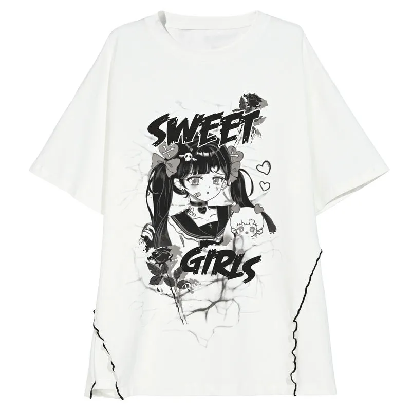 Sweet Cool Style Summer Hand-Painted Comic Print T-shirt