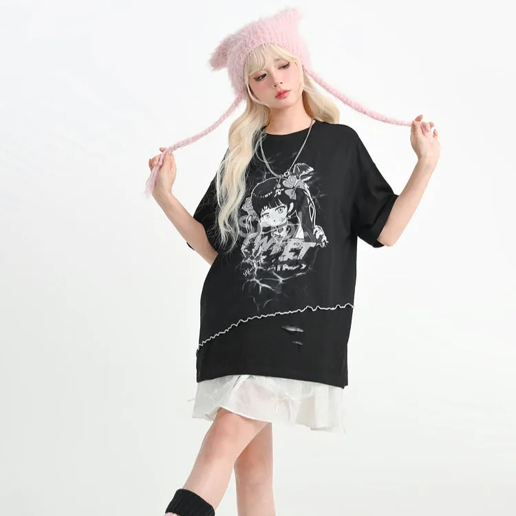 Sweet Cool Style Summer Hand-Painted Comic Print T-shirt