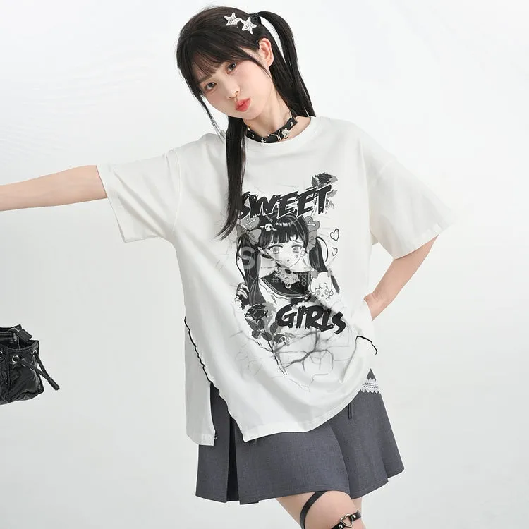 Sweet Cool Style Summer Hand-Painted Comic Print T-shirt