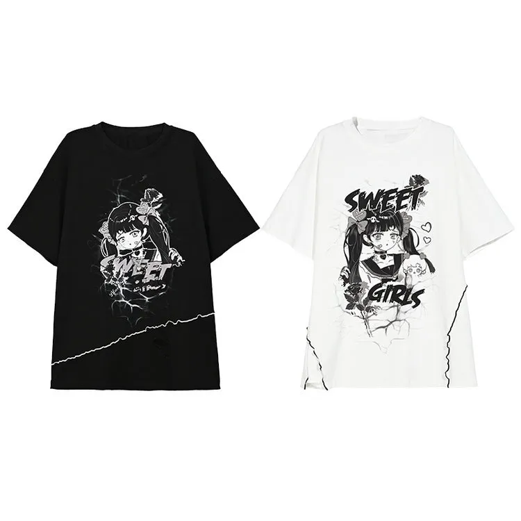 Sweet Cool Style Summer Hand-Painted Comic Print T-shirt
