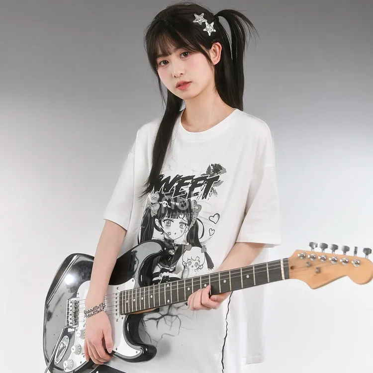 Sweet Cool Style Summer Hand-Painted Comic Print T-shirt