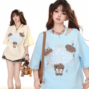 Sweet Girl Style Pudding Bear Embroidered T-shirt