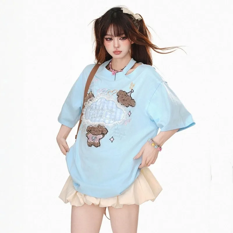 Sweet Girl Style Pudding Bear Embroidered T-shirt