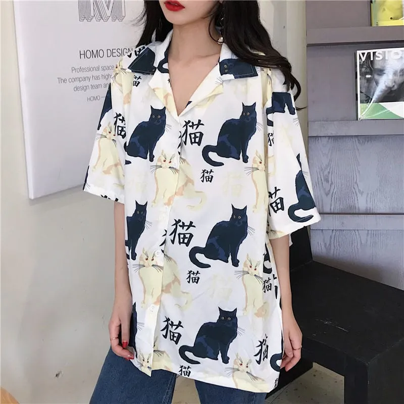 Vintage Cat Print Button Down T-Shirts