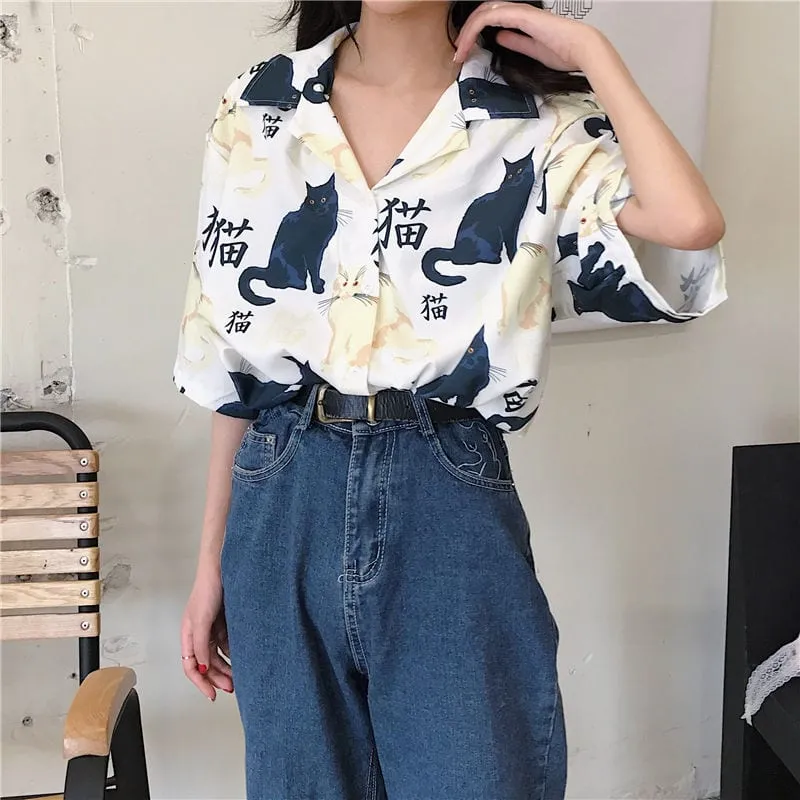 Vintage Cat Print Button Down T-Shirts