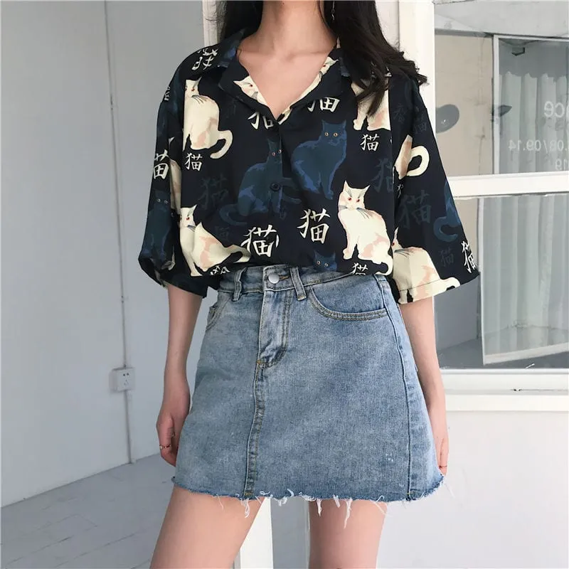 Vintage Cat Print Button Down T-Shirts
