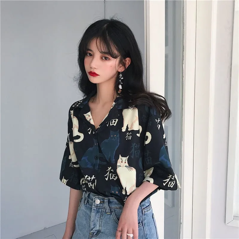 Vintage Cat Print Button Down T-Shirts