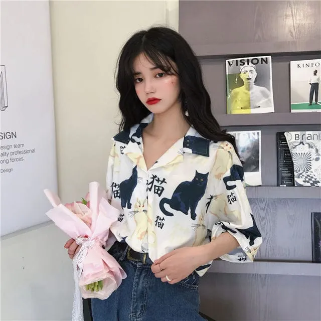 Vintage Cat Print Button Down T-Shirts