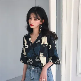 Vintage Cat Print Button Down T-Shirts