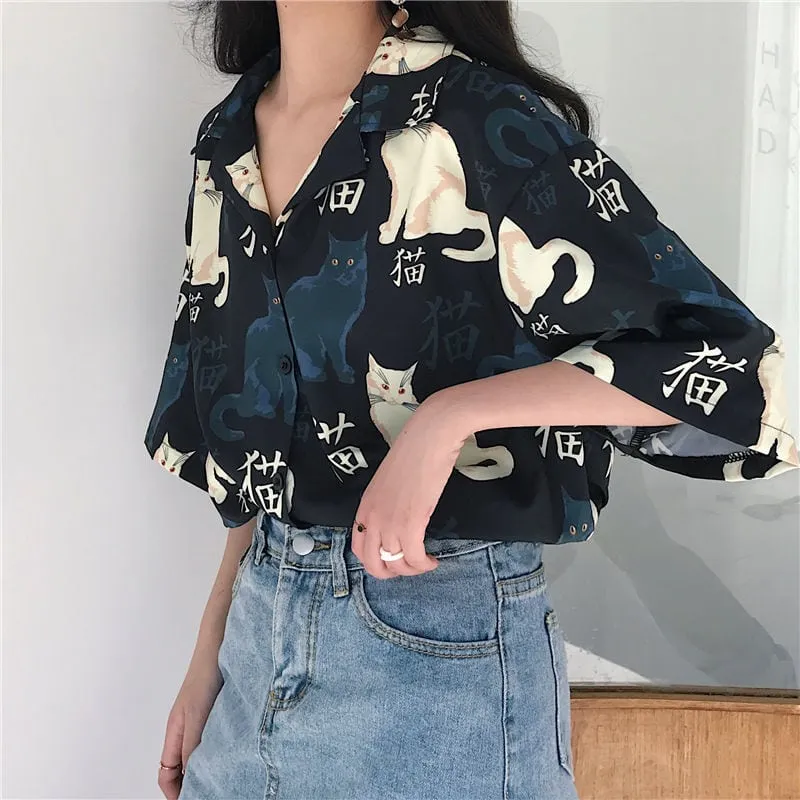Vintage Cat Print Button Down T-Shirts