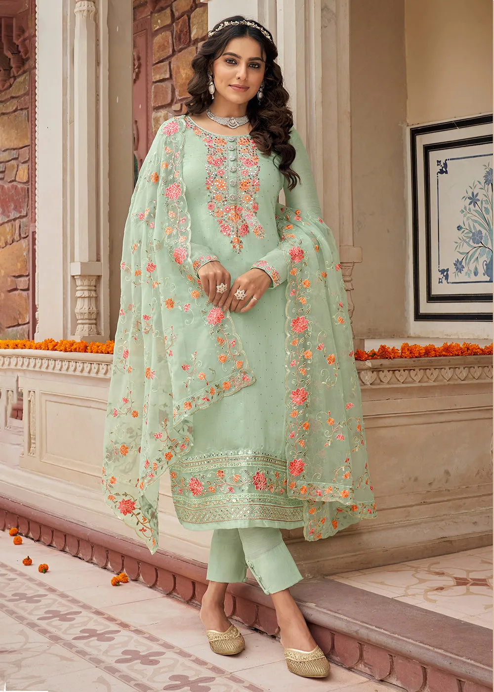 Viscose Silk Embroidered Radiant Pastel Green Pant Salwar Suit