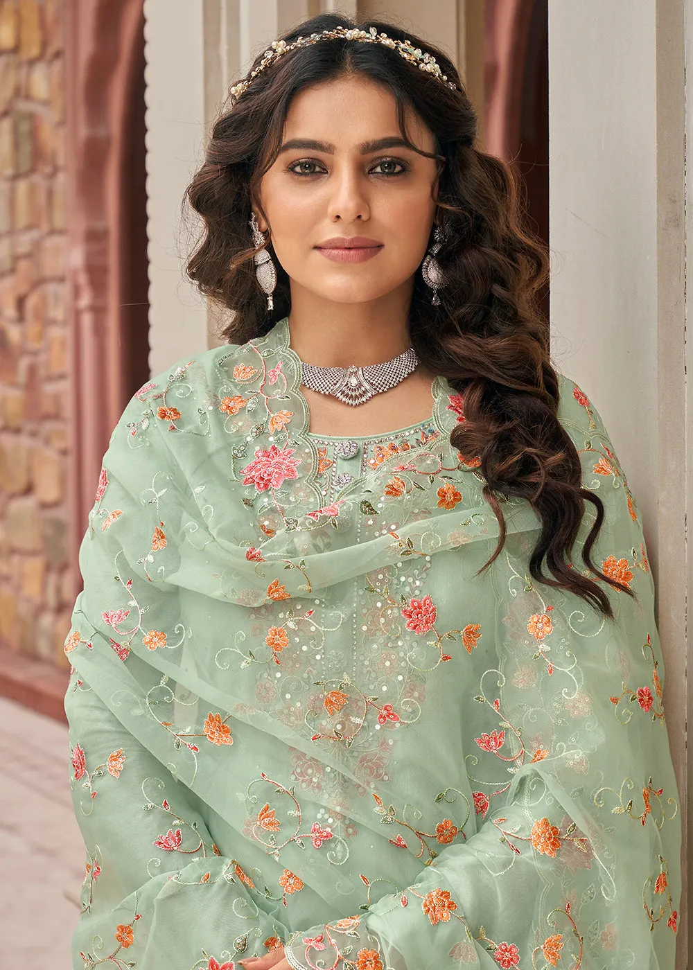 Viscose Silk Embroidered Radiant Pastel Green Pant Salwar Suit