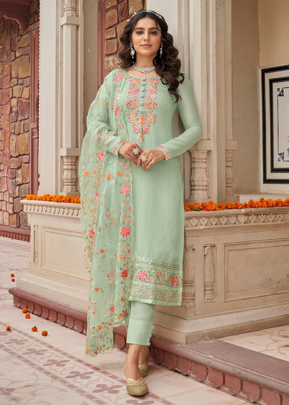 Viscose Silk Embroidered Radiant Pastel Green Pant Salwar Suit