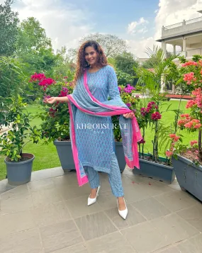 WINDY BLUE HANDBLOCK SUIT SET