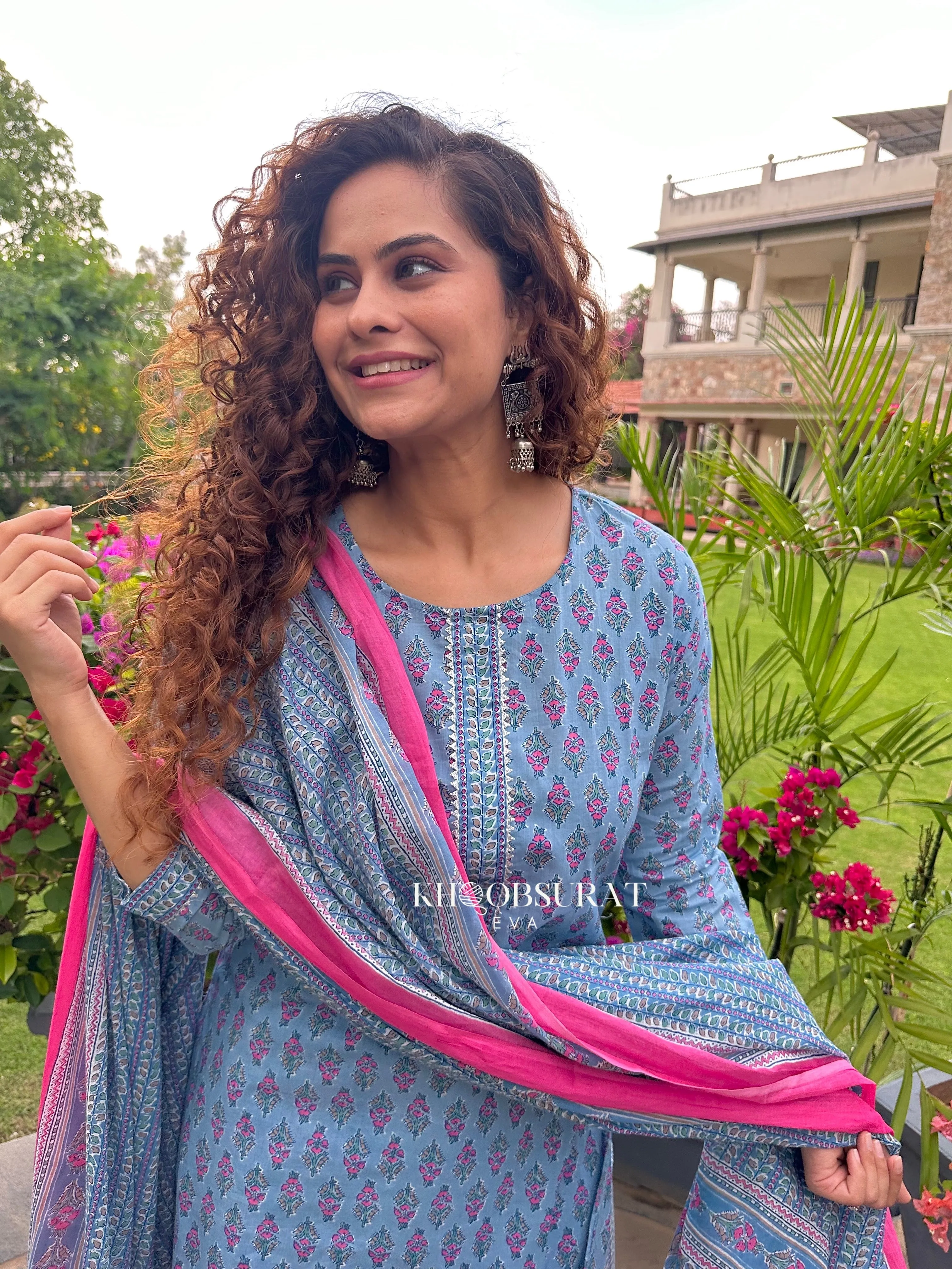 WINDY BLUE HANDBLOCK SUIT SET